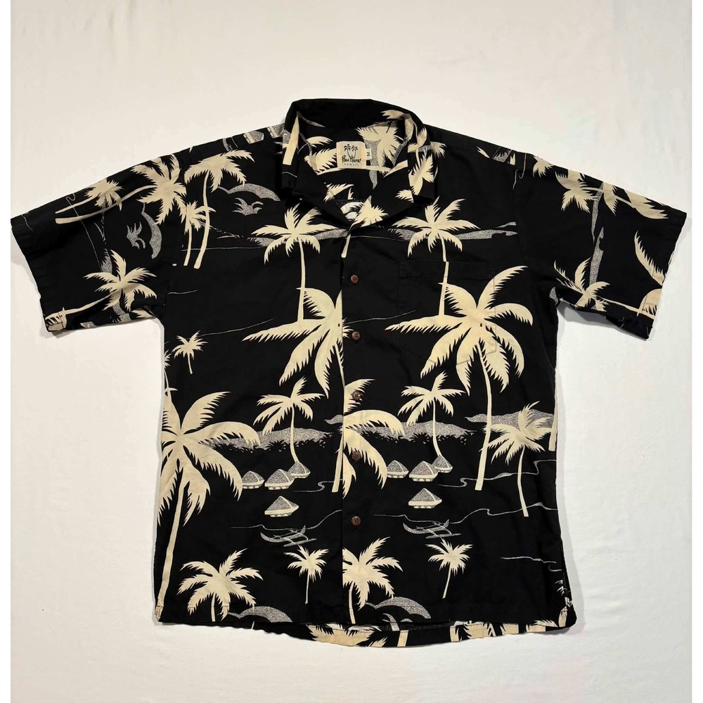 Pau Hana‎ Hawaii Mens Aloha Shirt Medium Black Palm Tree Tropical Button Up